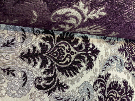 Grenada Damask Upholstery Fabric - Purple, Silver, Gray Damask, 58" Width (1 Yard)