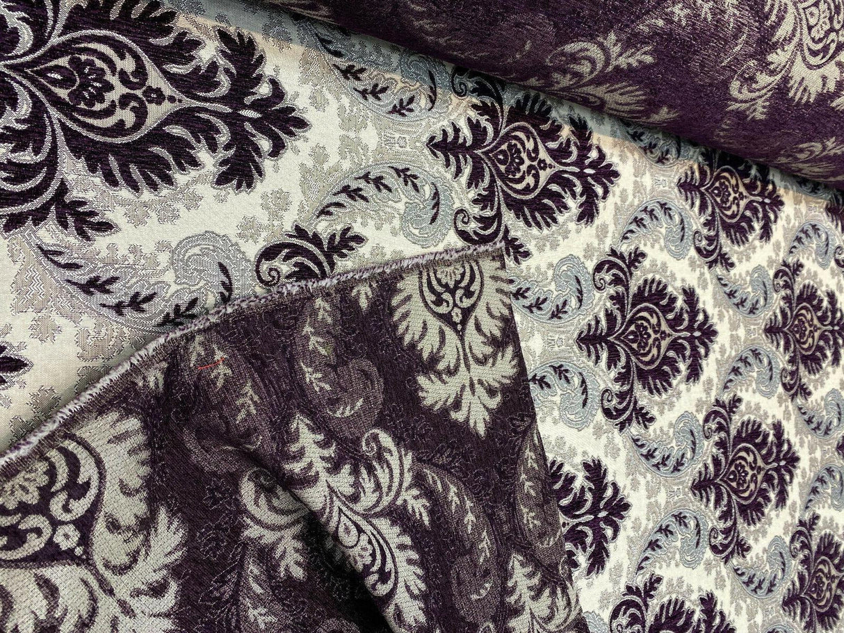 Grenada Damask Upholstery Fabric - Purple, Silver, Gray Damask, 58" Width (1 Yard)