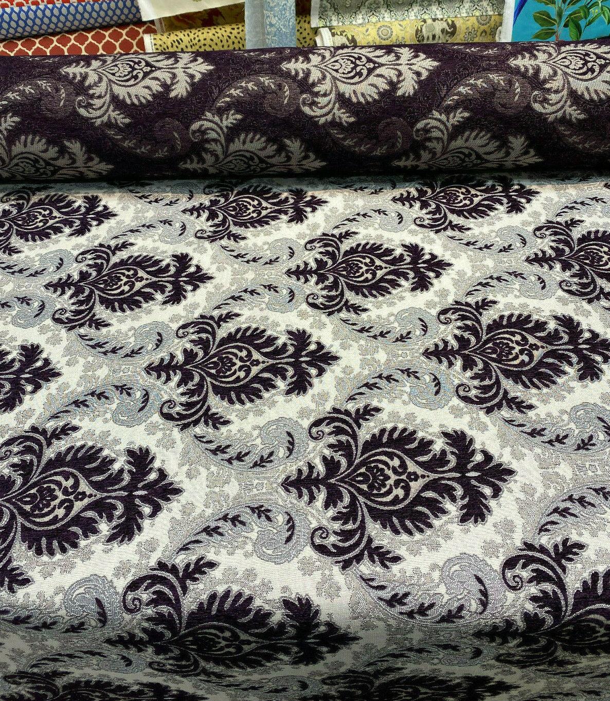 Grenada Damask Upholstery Fabric - Purple, Silver, Gray Damask, 58" Width (1 Yard)