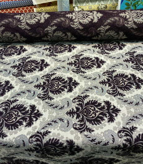 Grenada Damask Upholstery Fabric - Purple, Silver, Gray Damask, 58" Width (1 Yard)