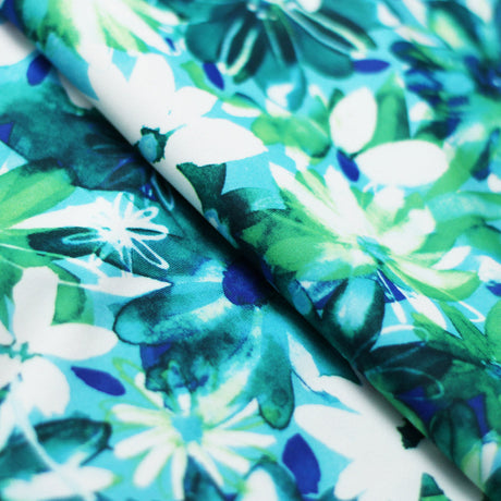Crazy Daisy Polyester Spandex Fabric - Pink-Orange, Blue-Green Floral Print, 58-60" Width (1 Yard)