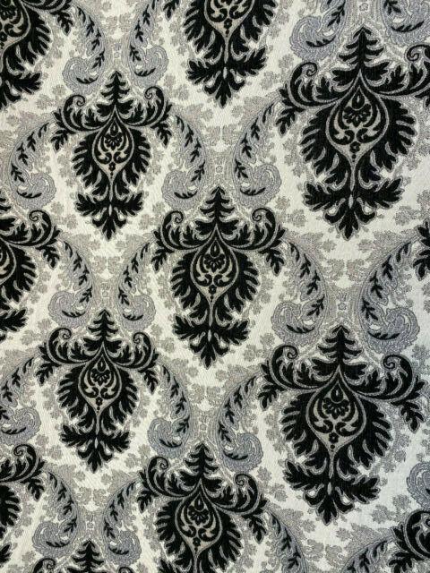 Grenada Damask Black Silver Upholstery Fabric - Black, Silver Damask, 58" Width (1 Yard)