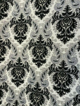 Grenada Damask Black Silver Upholstery Fabric - Black, Silver Damask, 58" Width (1 Yard)