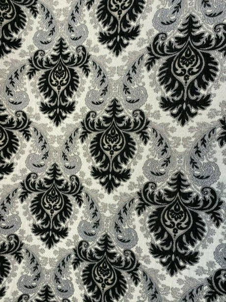 Grenada Damask Black Silver Upholstery Fabric - Black, Silver Damask, 58" Width (1 Yard)