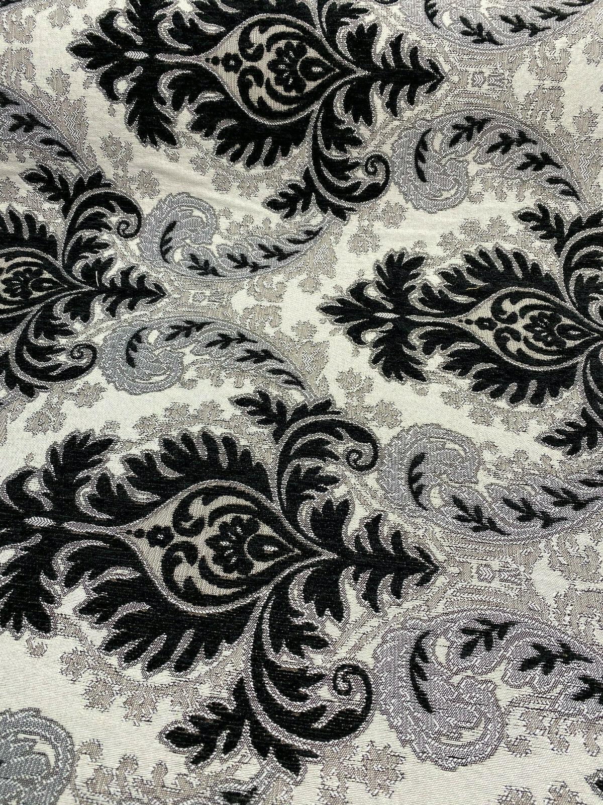 Grenada Damask Black Silver Upholstery Fabric - Black, Silver Damask, 58" Width (1 Yard)
