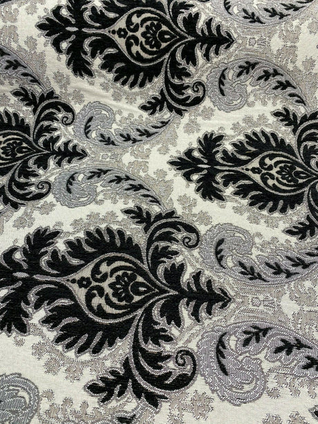 Grenada Damask Black Silver Upholstery Fabric - Black, Silver Damask, 58" Width (1 Yard)