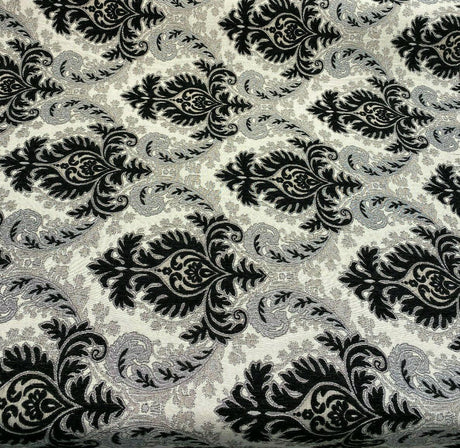 Grenada Damask Black Silver Upholstery Fabric - Black, Silver Damask, 58" Width (1 Yard)