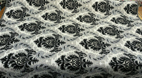 Grenada Damask Black Silver Upholstery Fabric - Black, Silver Damask, 58" Width (1 Yard)