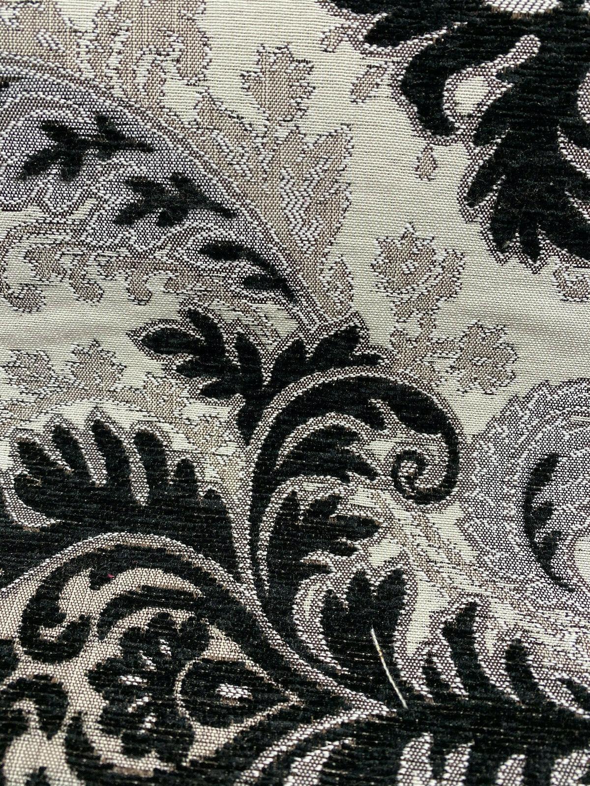 Grenada Damask Black Silver Upholstery Fabric - Black, Silver Damask, 58" Width (1 Yard)