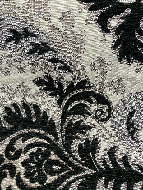 Grenada Damask Black Silver Upholstery Fabric - Black, Silver Damask, 58" Width (1 Yard)