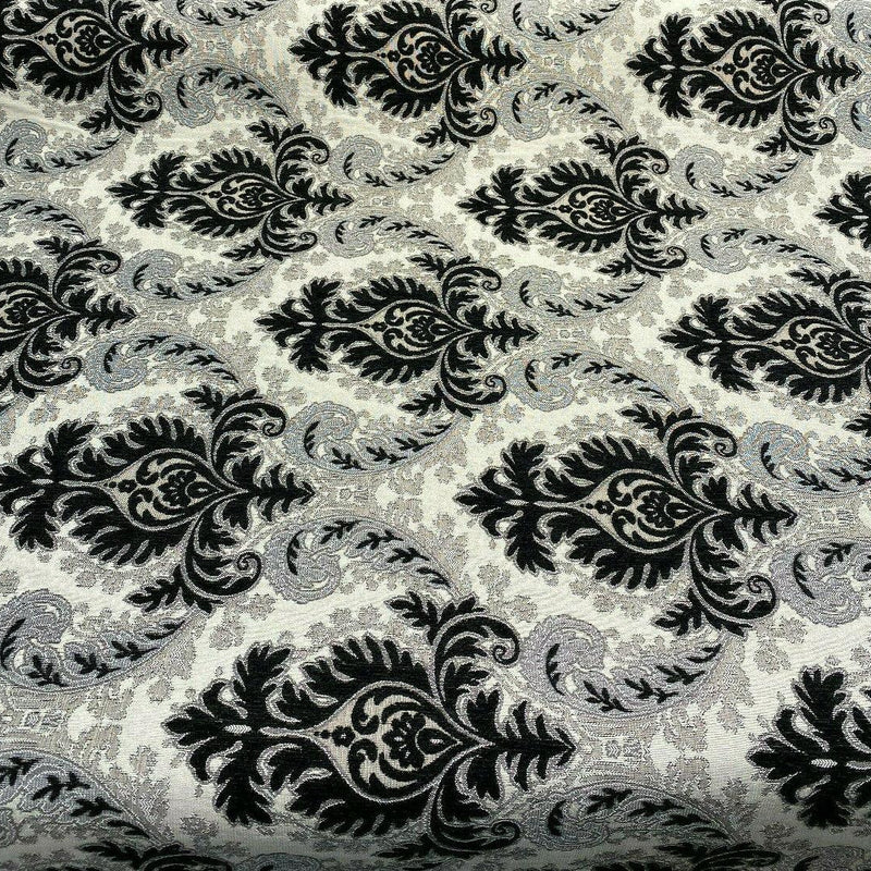 Grenada Damask Black Silver Upholstery Fabric - Black, Silver Damask, 58" Width (1 Yard)