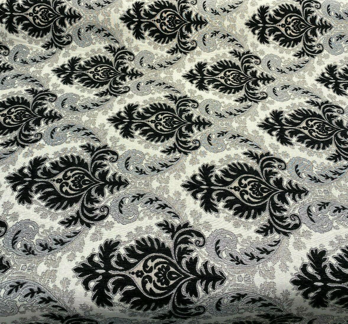 Grenada Damask Black Silver Upholstery Fabric - Black, Silver Damask, 58" Width (1 Yard)