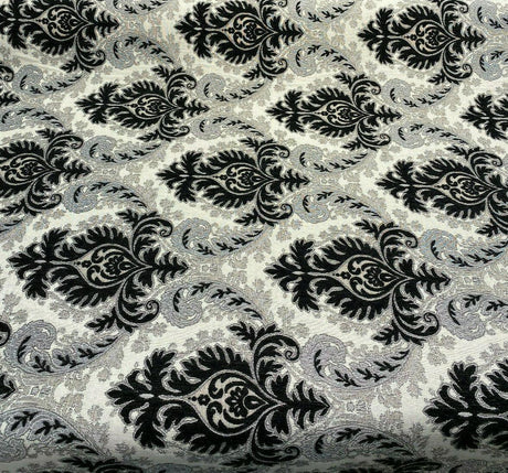 Grenada Damask Black Silver Upholstery Fabric - Black, Silver Damask, 58" Width (1 Yard)