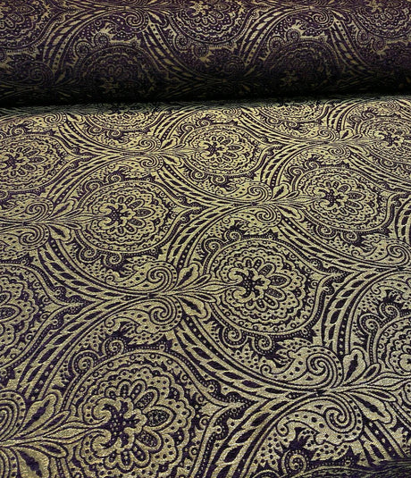 Medellin Damask Upholstery Fabric - Purple Gold Damask, 58" Width (1 Yard)