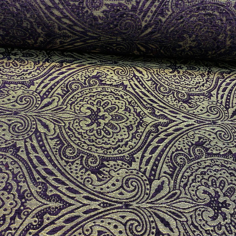 Medellin Damask Upholstery Fabric - Purple Gold Damask, 58" Width (1 Yard)
