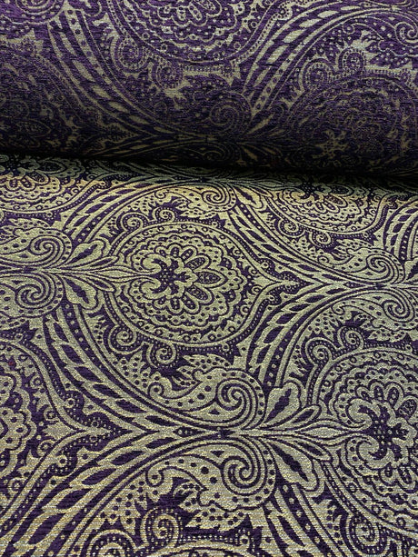 Medellin Damask Upholstery Fabric - Purple Gold Damask, 58" Width (1 Yard)