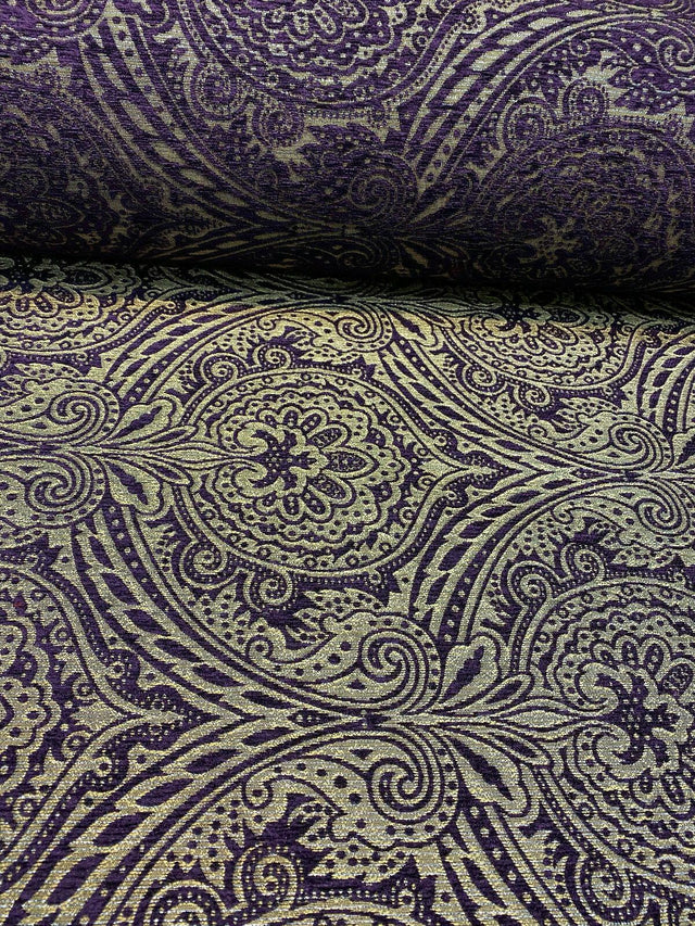 Medellin Damask Upholstery Fabric - Purple Gold Damask, 58" Width (1 Yard)