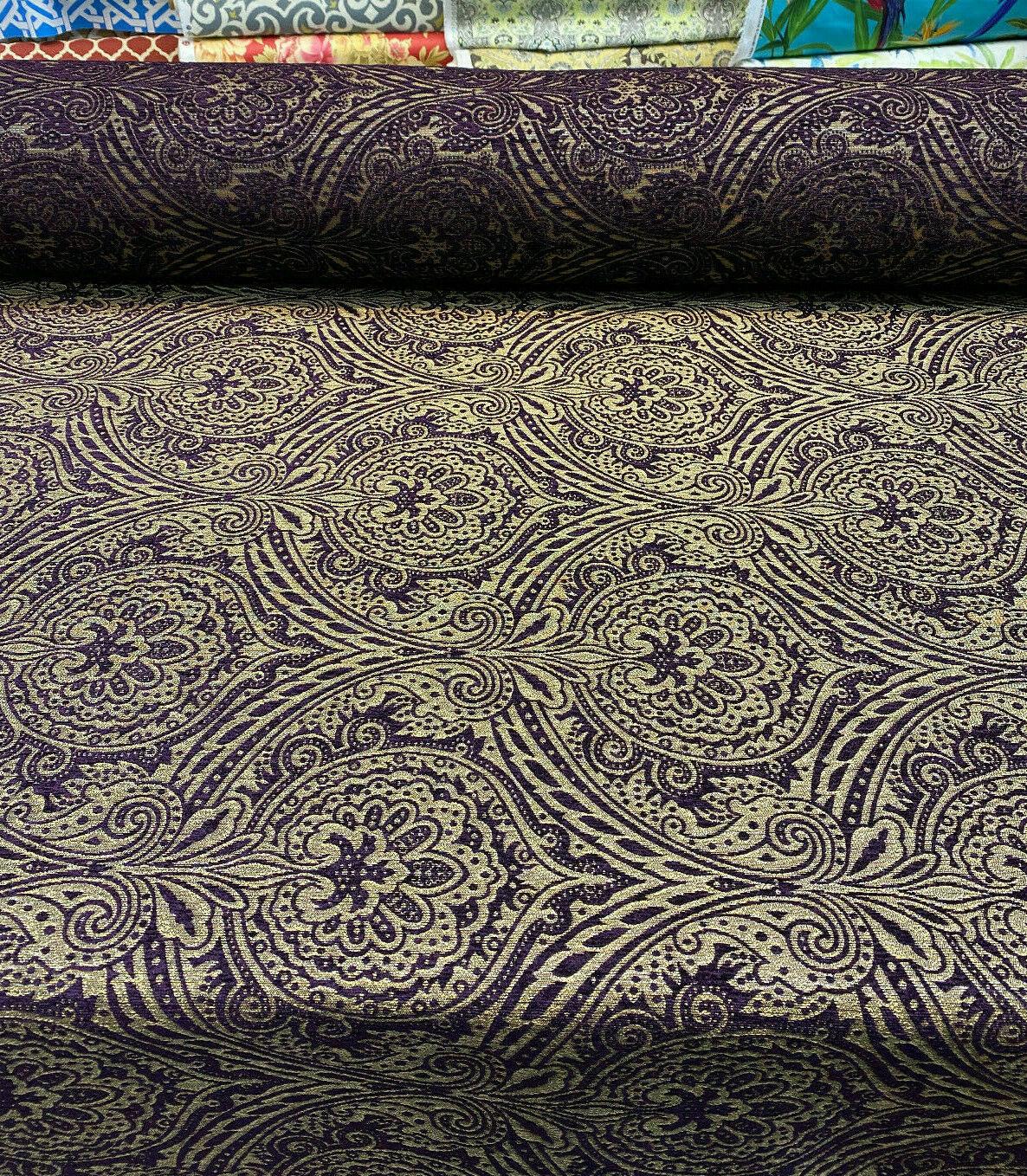 Medellin Damask Upholstery Fabric - Purple Gold Damask, 58" Width (1 Yard)