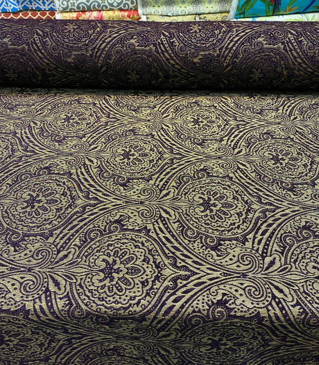 Medellin Damask Upholstery Fabric - Purple Gold Damask, 58" Width (1 Yard)