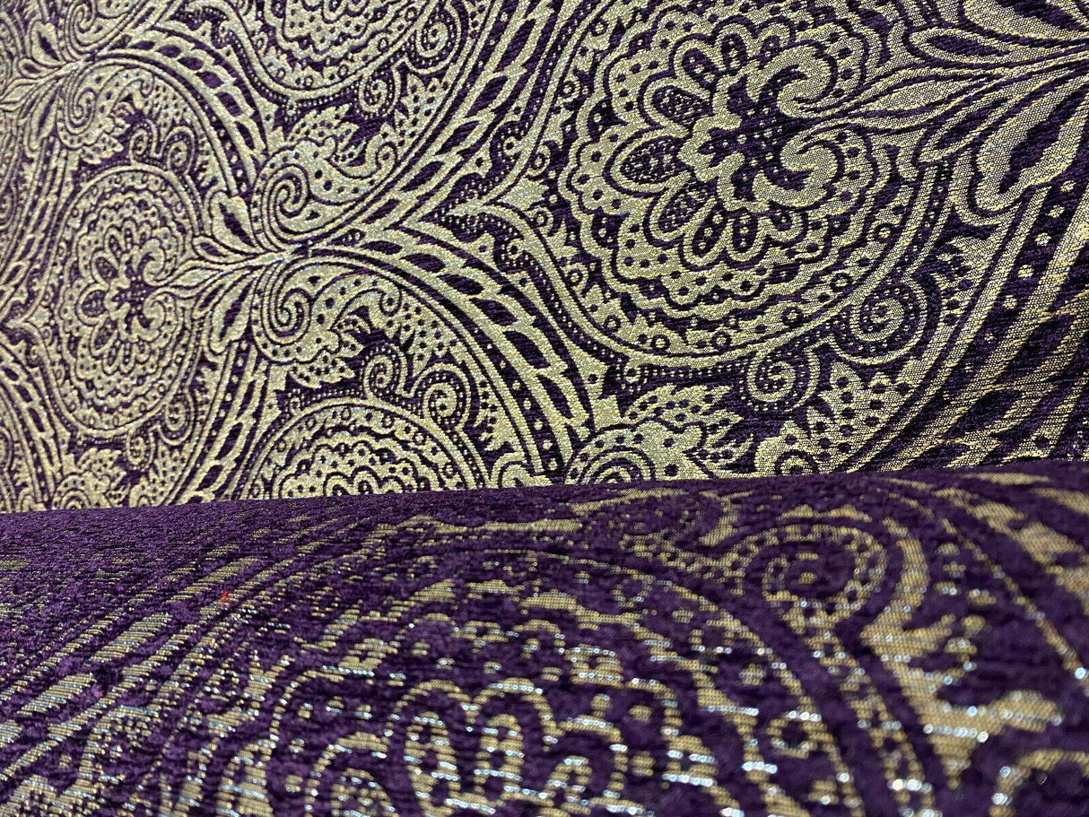 Medellin Damask Upholstery Fabric - Purple Gold Damask, 58" Width (1 Yard)