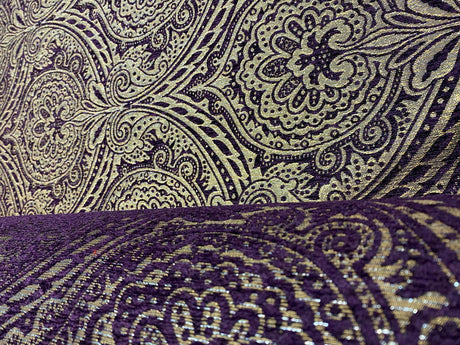 Medellin Damask Upholstery Fabric - Purple Gold Damask, 58" Width (1 Yard)