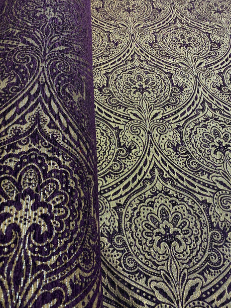 Medellin Damask Upholstery Fabric - Purple Gold Damask, 58" Width (1 Yard)