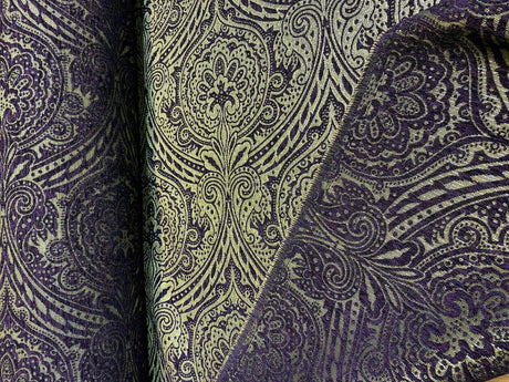 Medellin Damask Upholstery Fabric - Purple Gold Damask, 58" Width (1 Yard)