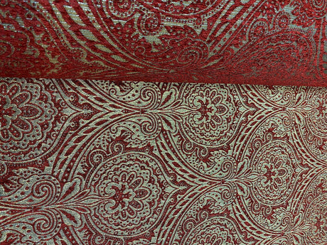 Medellin Damask Upholstery Fabric - Ruby Red Gold Damask, 58" Width (1 Yard)