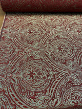 Medellin Damask Upholstery Fabric - Ruby Red Gold Damask, 58" Width (1 Yard)
