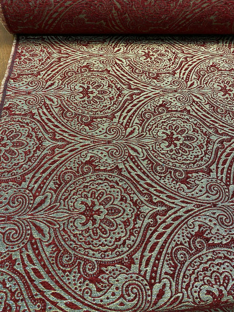 Medellin Damask Upholstery Fabric - Ruby Red Gold Damask, 58" Width (1 Yard)