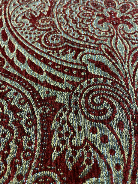 Medellin Damask Upholstery Fabric - Ruby Red Gold Damask, 58" Width (1 Yard)