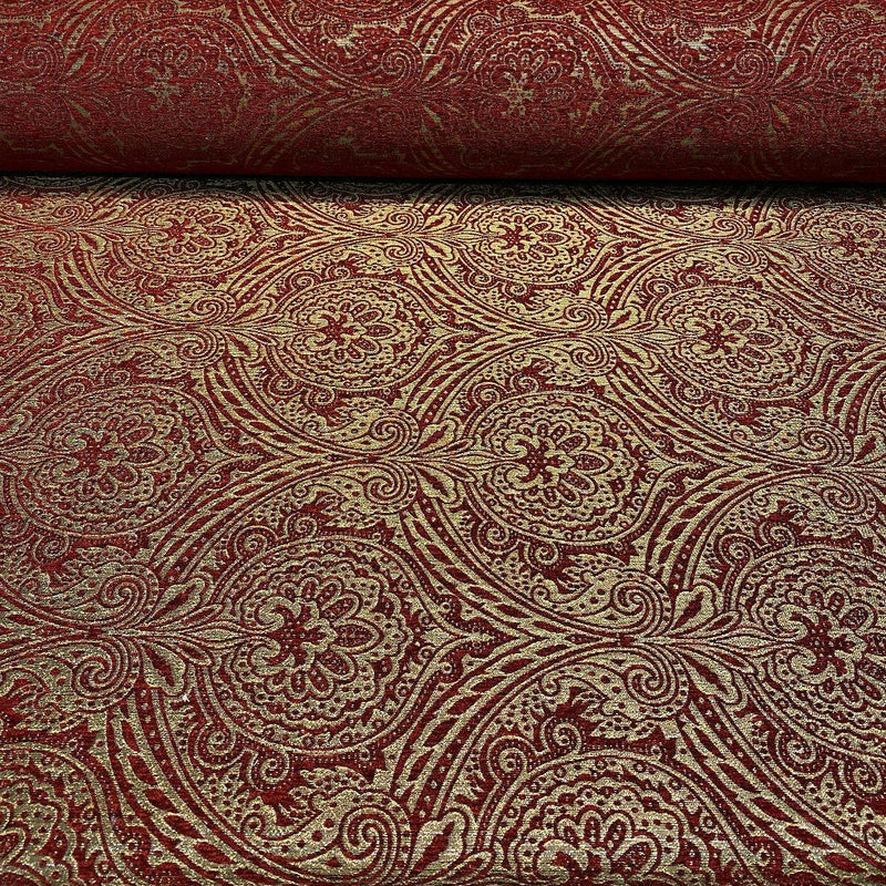 Medellin Damask Upholstery Fabric - Ruby Red Gold Damask, 58" Width (1 Yard)