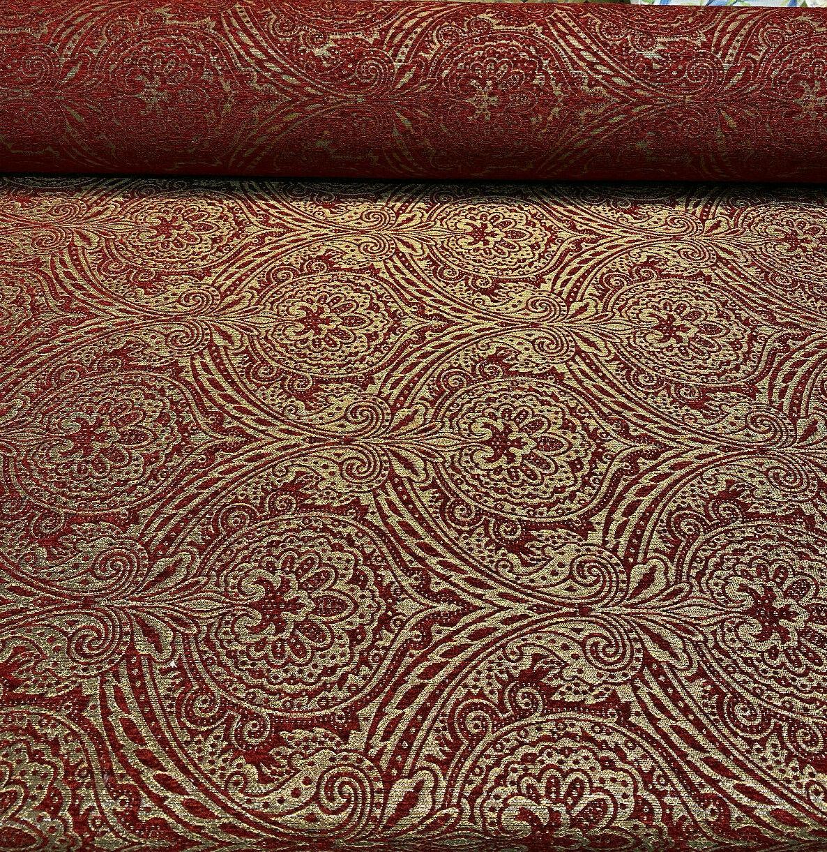 Medellin Damask Upholstery Fabric - Ruby Red Gold Damask, 58" Width (1 Yard)