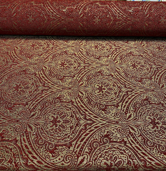 Medellin Damask Upholstery Fabric - Ruby Red Gold Damask, 58" Width (1 Yard)