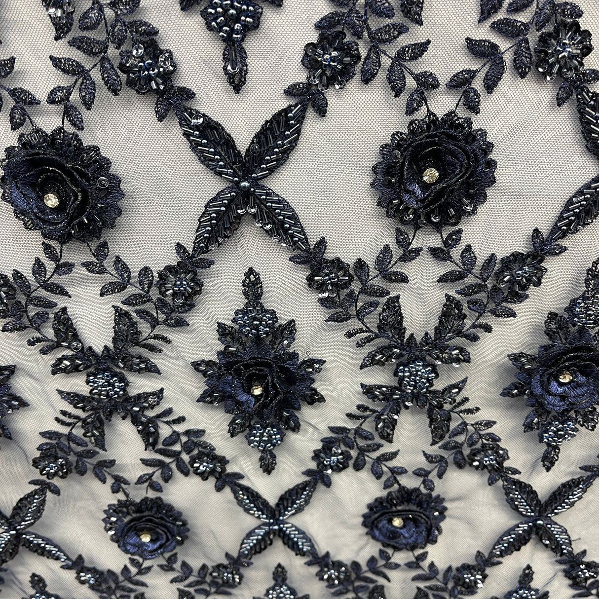Beaded 3D Floral Lace Fabric
