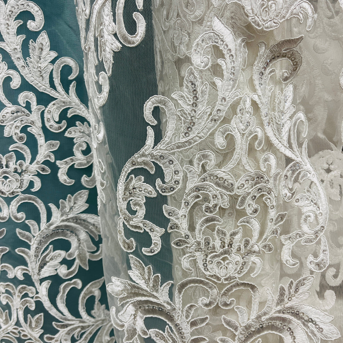 1 Yard Elegant Beaded & Corded Embroidered Lace Fabric on 100% Polyester Net Mesh