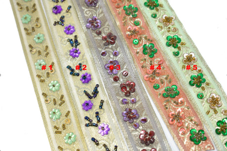 Embroidered Floral Sequins Trim 1.125"