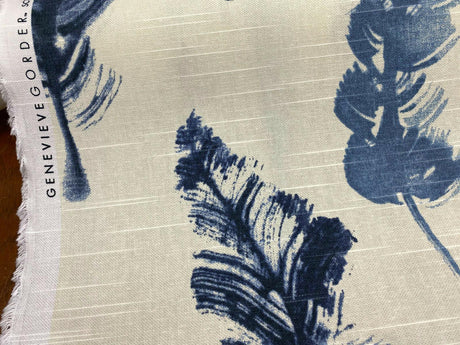 Feather Fall Indigo Cotton Fabric - Navy Blue/Ivory Leaf Toile, 54" Width (1 Yard)