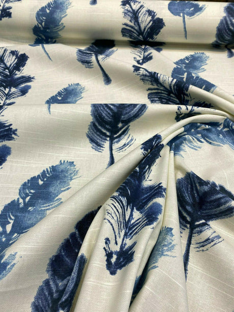 Feather Fall Indigo Cotton Fabric - Navy Blue/Ivory Leaf Toile, 54" Width (1 Yard)