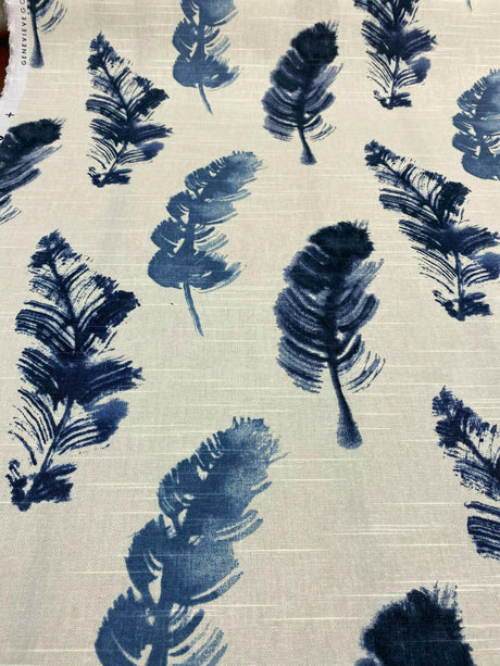 Feather Fall Indigo Cotton Fabric - Navy Blue/Ivory Leaf Toile, 54" Width (1 Yard)