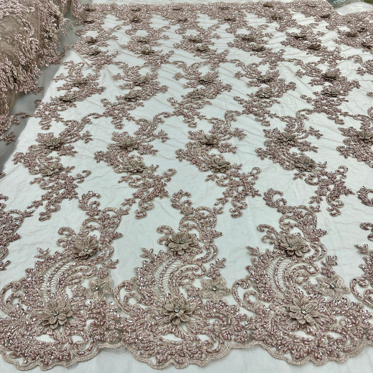 1 Yard Beaded 3D Floral Lace Fabric on Polyester Net Mesh, Dusty Rose, 52" Wide, Elegant Embroidered Lace Fabric