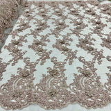 1 Yard Beaded 3D Floral Lace Fabric on Polyester Net Mesh, Dusty Rose, 52" Wide, Elegant Embroidered Lace Fabric