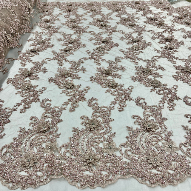 Beaded 3D Floral Lace Fabric - Embroidered 100 Percent Polyester Net Mesh, 3D Floral Beaded Design, 52" Wide (1 Yard)