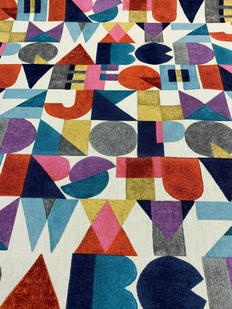 Block Letters Cotton Fabric - Beige Blue Yellow Orange Pink Rust Block Letters, 54" Width (1 Yard)