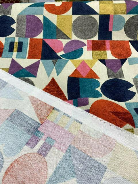 Block Letters Cotton Fabric - Beige Blue Yellow Orange Pink Rust Block Letters, 54" Width (1 Yard)
