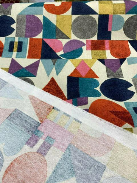 Block Letters Cotton Fabric - Beige Blue Yellow Orange Pink Rust Block Letters, 54" Width (1 Yard)