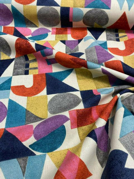 Block Letters Cotton Fabric - Beige Blue Yellow Orange Pink Rust Block Letters, 54" Width (1 Yard)