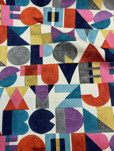 Block Letters Cotton Fabric - Beige Blue Yellow Orange Pink Rust Block Letters, 54" Width (1 Yard)