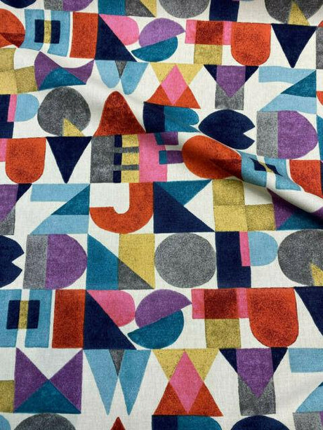 Block Letters Cotton Fabric - Beige Blue Yellow Orange Pink Rust Block Letters, 54" Width (1 Yard)