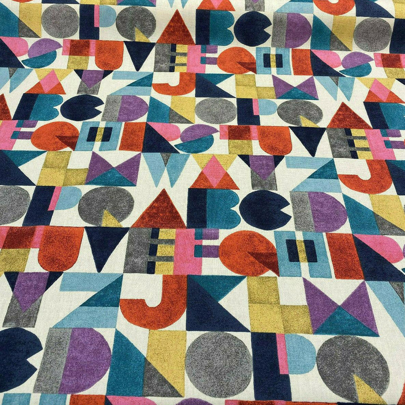 Block Letters Cotton Fabric - Beige Blue Yellow Orange Pink Rust Block Letters, 54" Width (1 Yard)